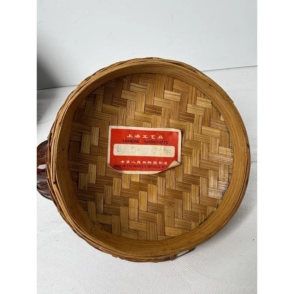 Vintage Wicker Bamboo Duck Basket with Lid Storage Trinket Hand Crafted Rare 40s